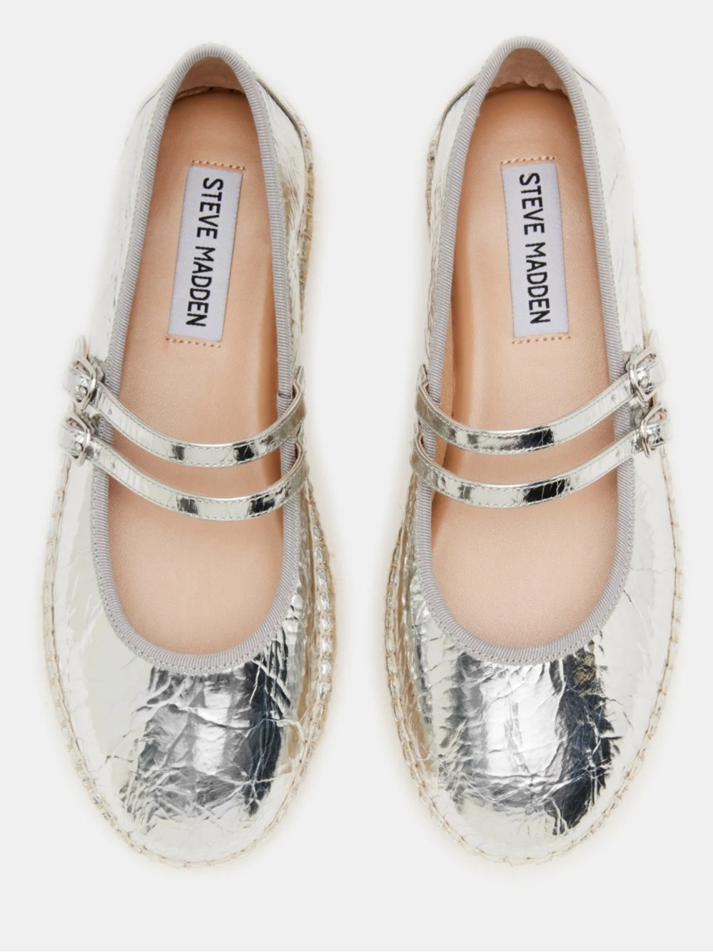 Steve Madden Brinn Metallic Silver Metallic Double-Strap Mary Jane Flats